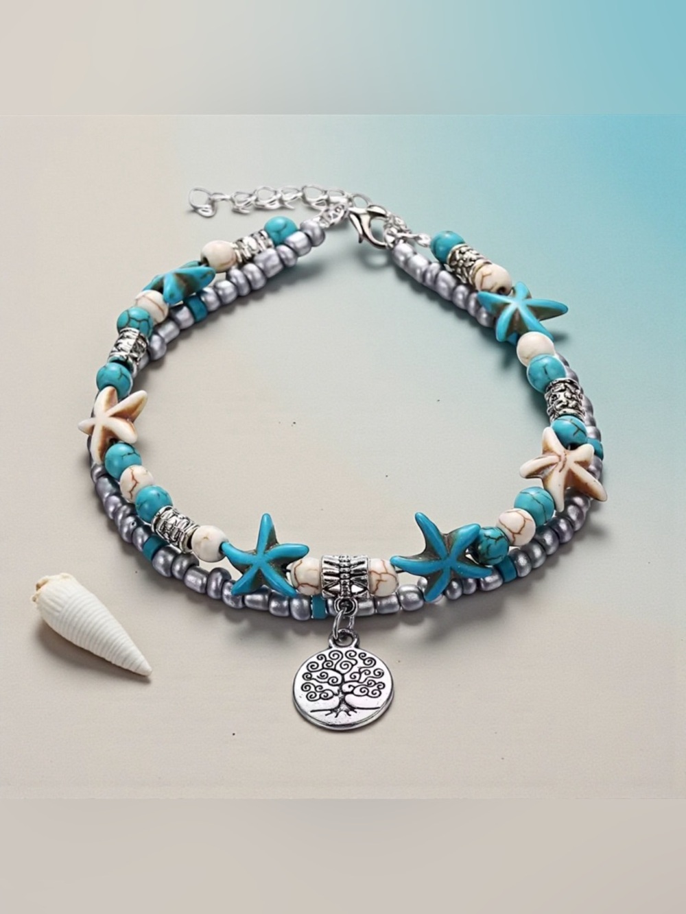 🩶Turquoise Starfish Beaded Layered Anklet with Tree of Life Charm/NIP🩶